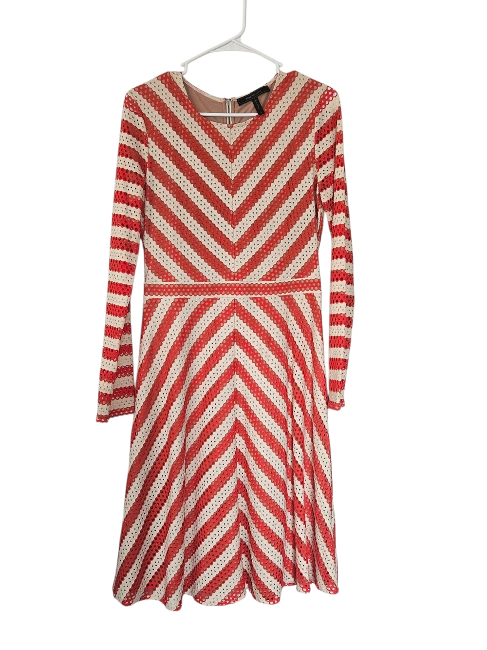 BCBGMaxAzria Kristina Red and White Chevron Long-Sleeve Fit-and-Flare Dress Size - Picture 2 of 9
